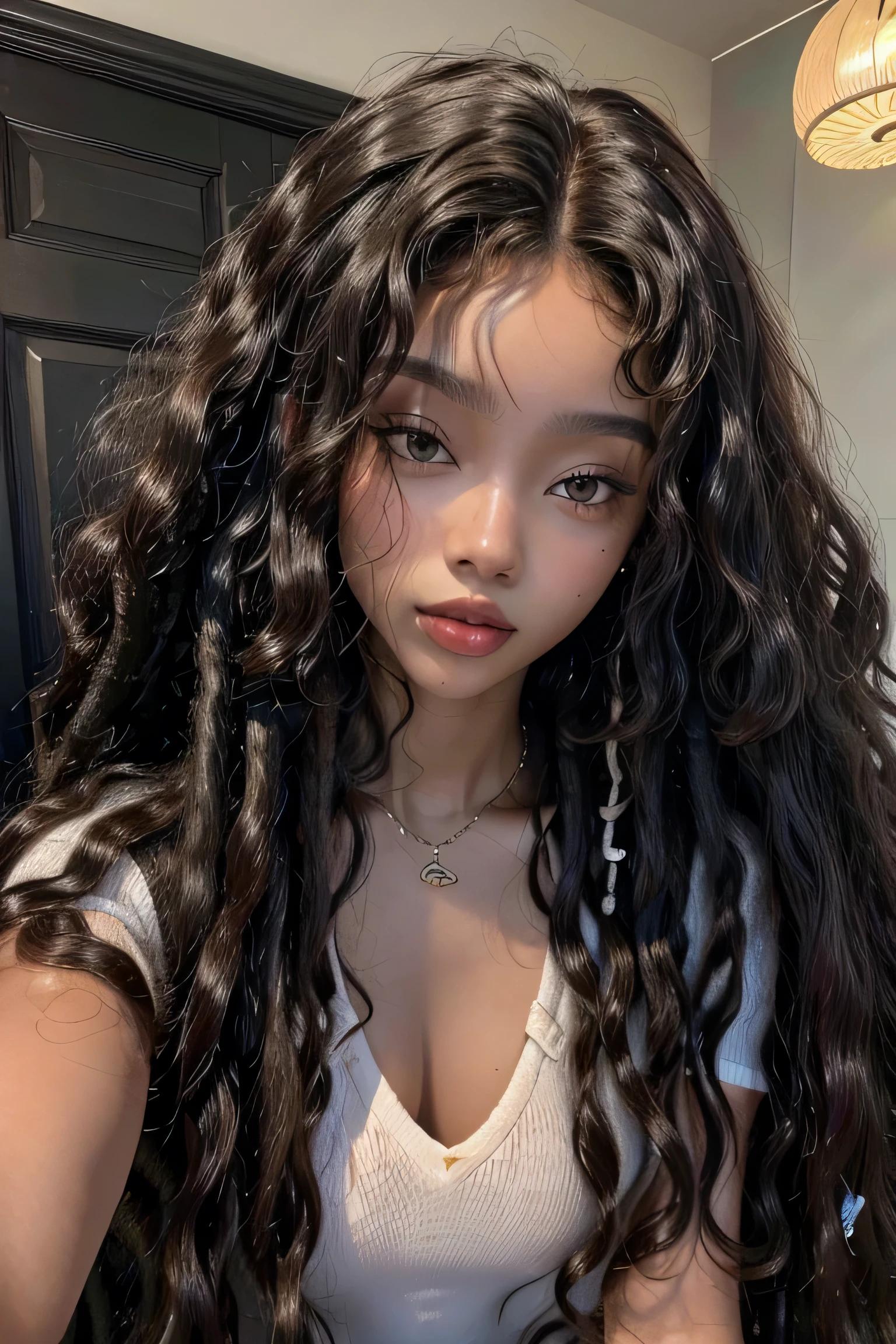 masterpiece, best quality, beautiful African and Asian mixed 19 year old, ebony skin female, long, frizzy, curly dark hair, perfect face, long hair, melanin, curly hair, 