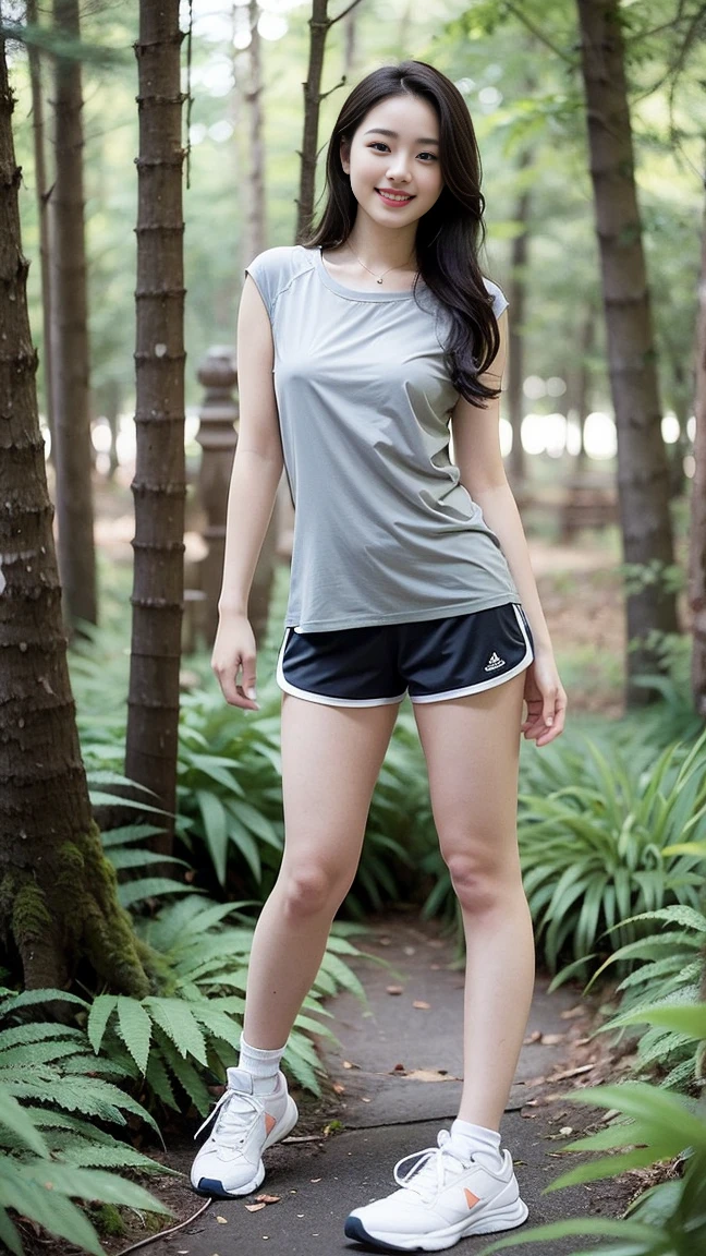 masterpiece, best quality, Surreal, Ultra Detailed, 8k resolution, RAW photos, Clear focus, (A girl in the forest), ((light gray shirt:1.1)), sleeveless, sports Shorts,Full body posture, Solitary, Perfect body, Become a, 32 inches in the chest,(a charming smile:1), (sexy pose),26 years old, light,White shoes