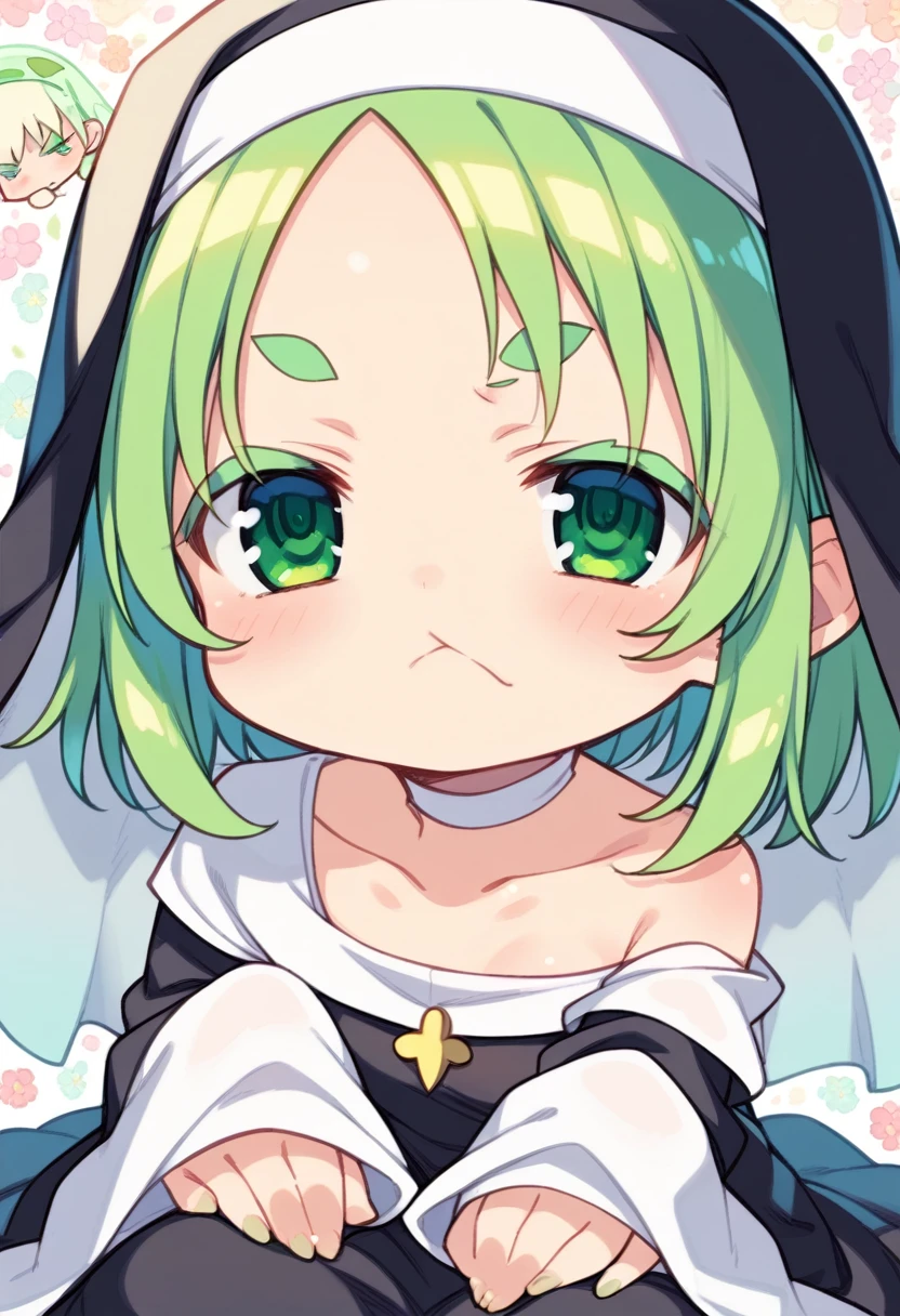 score_9, ,score_7_up, score_6_up, 1girl, source_cartoon, source_anime,breathtalking Scenery,watercolor,smooth soft skin, natural skin,mjm
BREAK 
(chibi:1.5),small breast,cute face, 6 yo,kawaii, (highlight on eyes), (jiggly:0.8), shiny skin,beautiful eyes, detailed eyes, puffy eyes,
BREAK 
(medium green hair:1.3),(green maro eyebrows:1.6),pouty and slightly grumpy,(pout:1.2), ::(, (jitome),(frown:0.6),white streaked hair, green eyes, 
BREAK 
(oversize nun dress), loose nun dress,(pastel veil:1.2),choker,nun,excessive detailed collarbone,exposed collarbone, dynamicangle,exposed one shoulder,
BREAK
sitting,looking up,upturned eyes,(sleeves past hands:1.6), (sleeves past wrists:1.3),(hands are hidden in sleeves:1.3),sleeves past fingers,flowerbackground,flowergarden,pastelcolor,