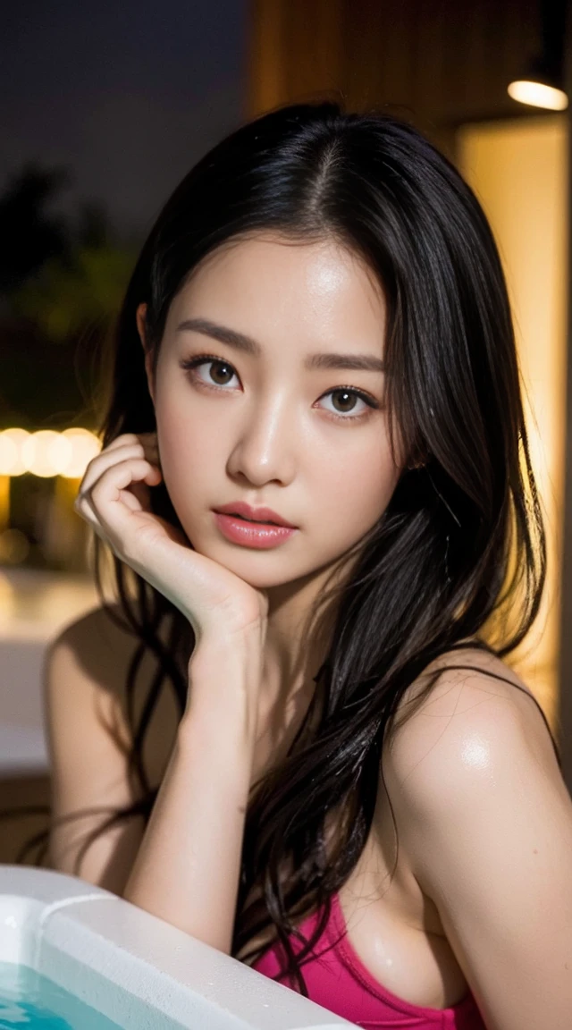 Dark brown hair、Light brown eyes、Japanese actress、 Lady、I am about 40 years old..、(私ntricate details:1.2)、(Which is the top???:1.4)、 (Ultra-high resolution:1.2)、Ultra-high resolution、(Finely tuned)、(Detailed facial features)、Hmph、8K resolution、D cup size breasts、Long Hair、Jacuzzi on the terrace、Enter the jacuzzi、Wet Skin、Soaking wet hair、Wet Shoulder Light、A night view with a resort feel、Head to toe shot、Blackpink Jenny、Beautiful feet、she, Fashion Hub, Attention to detail, Very detailed, Realistic, Hourglass Shaped Body, Obscene pose、Please lift your chin a little、Please open your mouth a little、Poses that make you feel weak、Are crying、Deep sorrow、