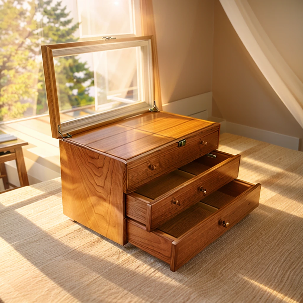 
In this cozy room，A ray of sunlight shone on the table through the half-drawn curtains，Let the wood grain on the watch storage case shine with a faint sheen。There is a calm and serene atmosphere in the surrounding air。Several still lifes hang on the walls of the room，It adds a touch of elegance to the space。And on the other side of the room，A half-open window lets the breeze blow in，The pages on the small desk by the window flipped in the wind，This quiet scene gives a sense of tranquility and comfort。