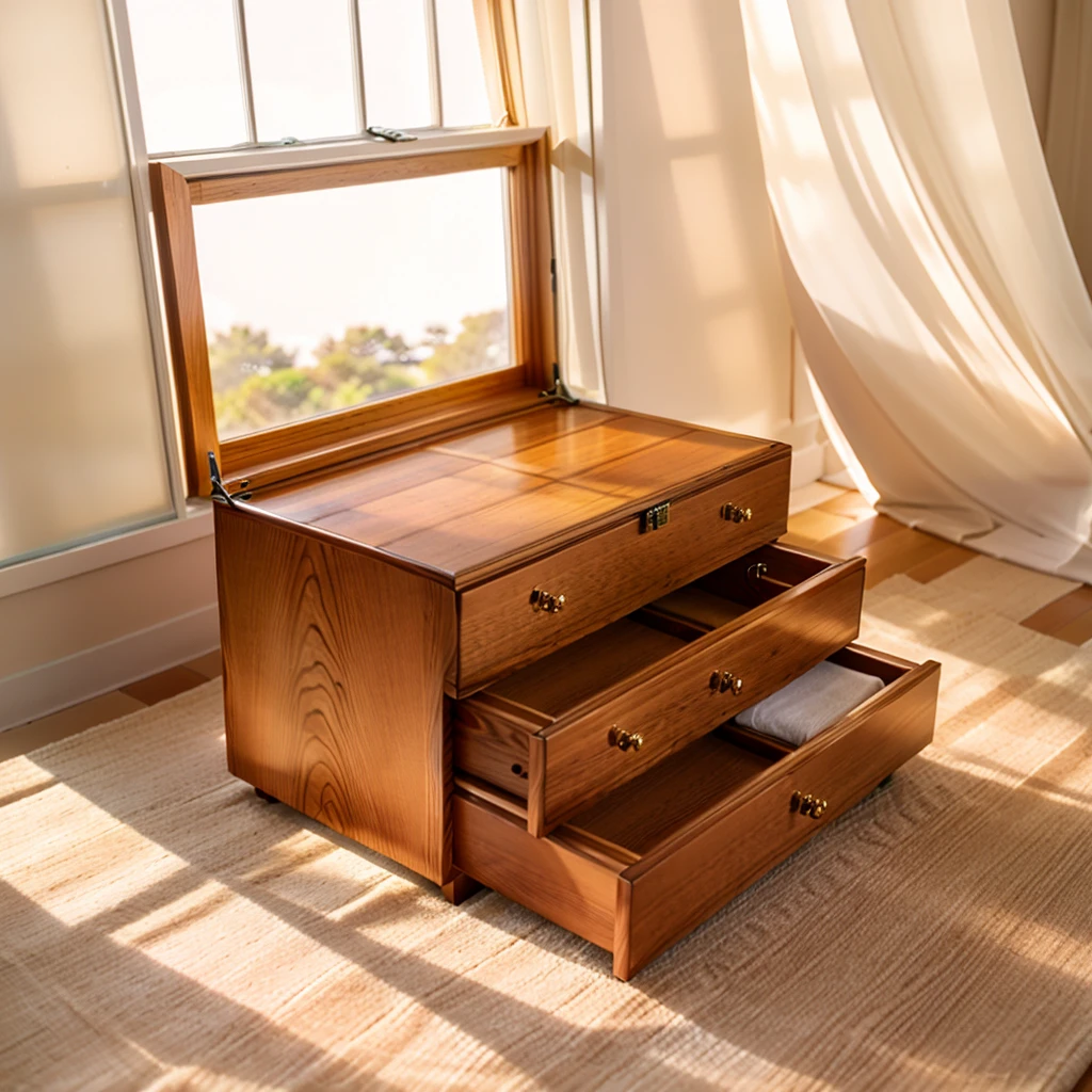 In this cozy room,A ray of sunlight shone on the table through the half-drawn curtains,Let the wood grain on the watch storage case shine with a faint sheen。There is a calm and serene atmosphere in the surrounding air。Several still lifes hang on the walls of the room,It adds a touch of elegance to the space。And on the other side of the room,A half-open window lets the breeze blow in,The pages on the small desk by the window flipped in the wind,This quiet scene gives a sense of tranquility and comfort。