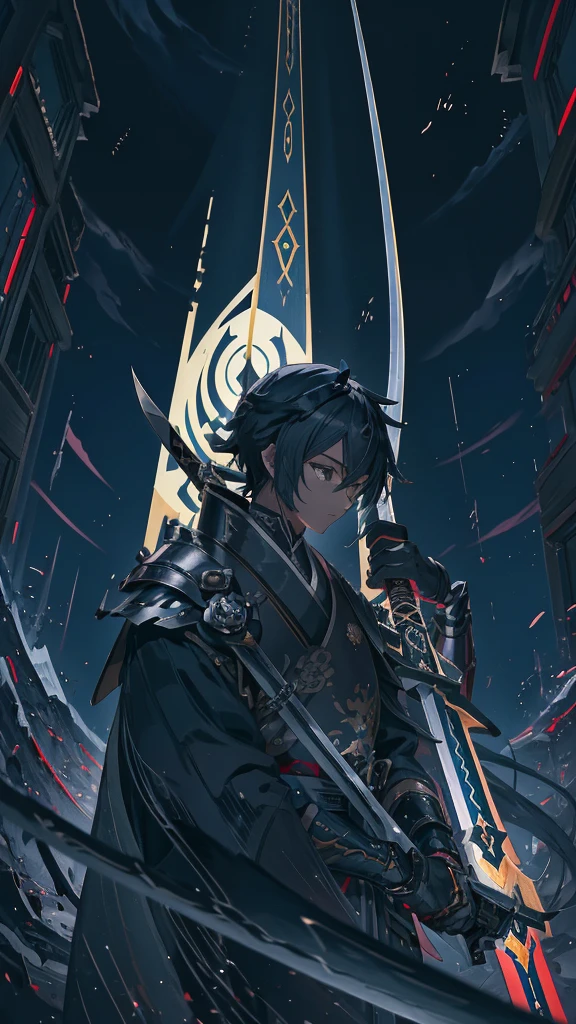 Anime girl with sword and armor in a dark room, okata kazuto, Authentic shiro, Authentic, taisho roman, akiyuki shinbou, inspired by Okumura Masanobu, Handsome men from Demon Slayer, Swordsman, Keqing of Genshin Impact, With a big sword, Kashmir Art
