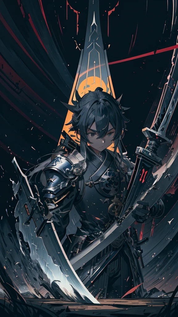 Anime girl with sword and armor in a dark room, okata kazuto, Authentic shiro, Authentic, taisho roman, akiyuki shinbou, inspired by Okumura Masanobu, Handsome men from Demon Slayer, Swordsman, Keqing of Genshin Impact, With a big sword, Kashmir Art