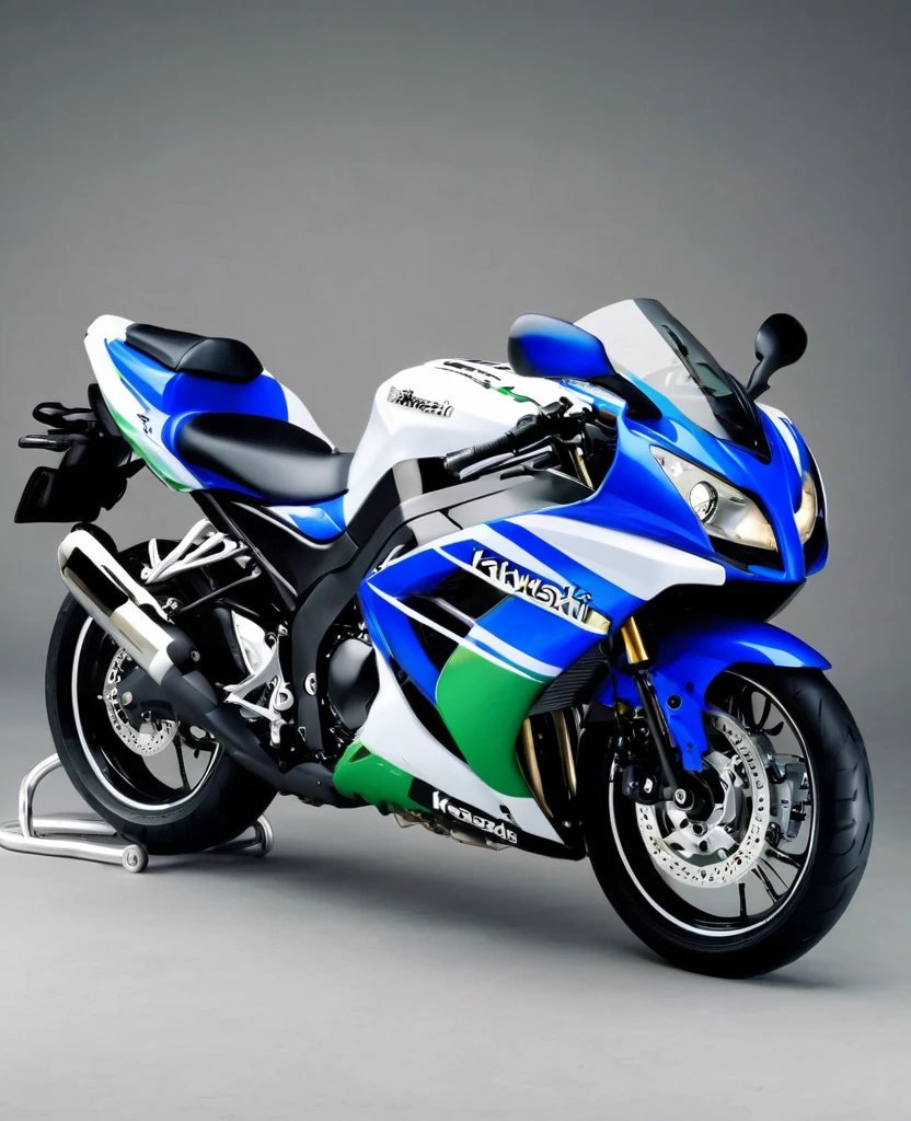 Kawasaki motorbike, blue and white random coloured, 5 symbol logo, full size, Kawasaki motor
