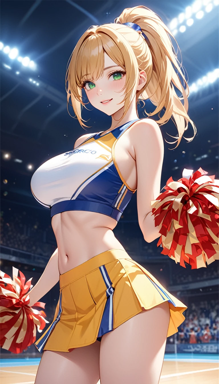 ((Highest quality)), ((masterpiece)), Anime Style、Perfect Face, 1girl, Blonde、ponytail、Green Eyes、Large Breasts、Cheerleader Costumes, cowboy shot、smile、front、In a large stadium-like gymnasium、Logo on the floor、night、Watching Sporticro Mini Skirt