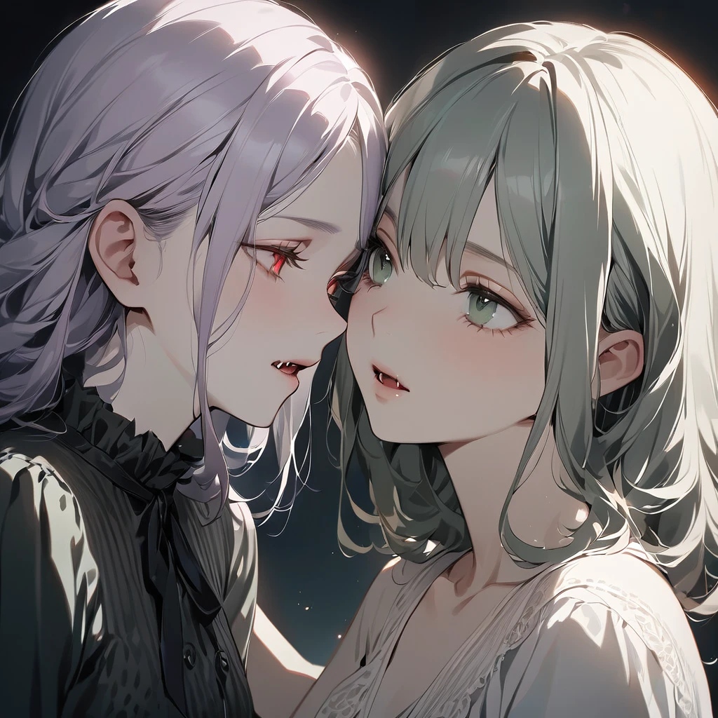 (Cute two girls:1.5),
(masterpiece:1.3), anime visual, (tilt head:1.3), extremely delicate face, realistic lighting and shading, (an extremely delicate and beautiful art:1.3), (muted colors:1.1), A vampire in the form of a girl with white hair and red eyes sinks its fangs into the neck of a girl with light purple hair and dark green eyes. Lewd, yuri, portrait.