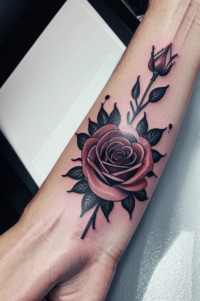 Design of a tattoo of approximately 10 cm where a rose and a ruby diamond are combined (detailed)