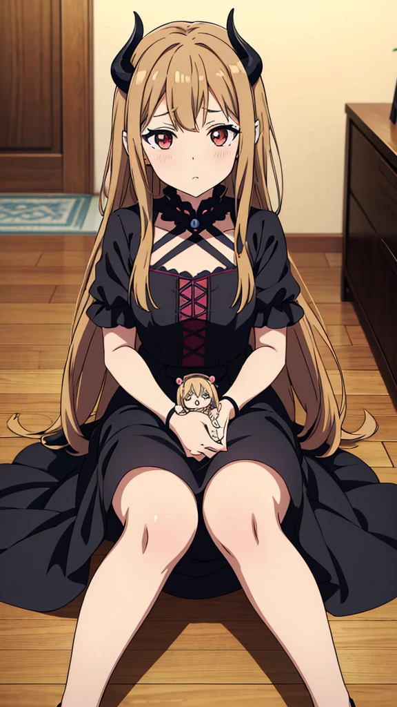 +Masterpiece, best quality, super detailed, Anime girl with horns and a dress with a skull on it, ((light brown hair))(loli in dress, gothic maiden anime girl, cute anime waifu in a nice dress, anime moe artstyle, anime girl wearing a black dress, nightcore, (anime girl), anime style 4 k, little curvy loli, high quality anime art style, anime girls, demon anime girls, holding creepy doll, sitting on the floor