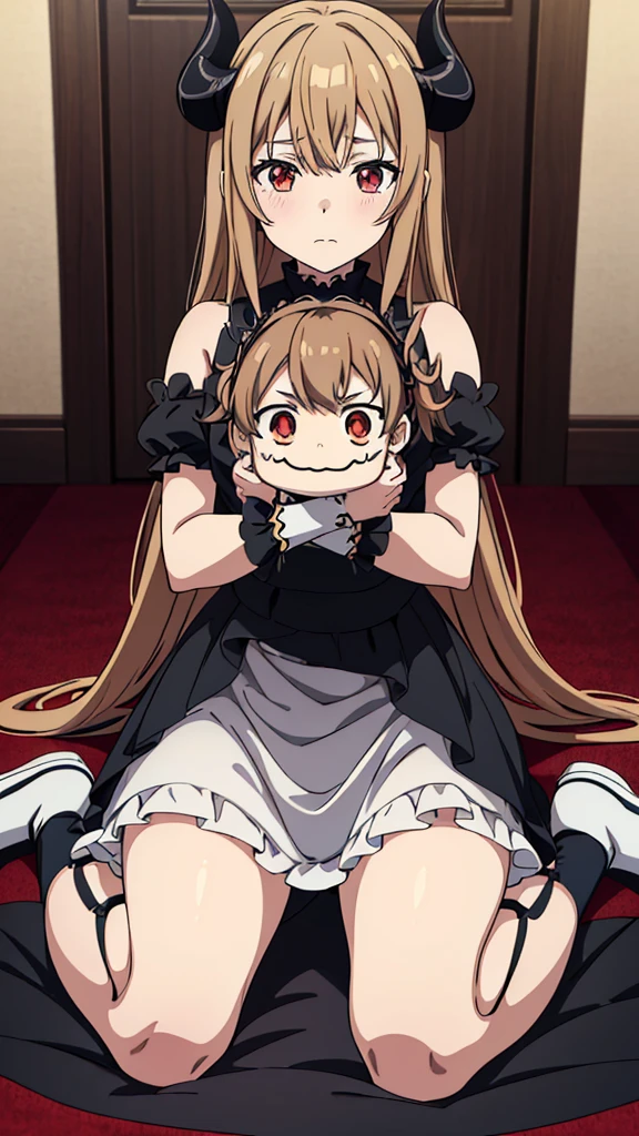 +Masterpiece, best quality, super detailed, Anime girl with horns and a dress with a skull on it, ((light brown hair))(loli in dress, gothic maiden anime girl, cute anime waifu in a nice dress, anime moe artstyle, anime girl wearing a black dress, nightcore, (anime girl), anime style 4 k, little curvy loli, high quality anime art style, anime girls, demon anime girls, holding creepy doll, sitting on the floor