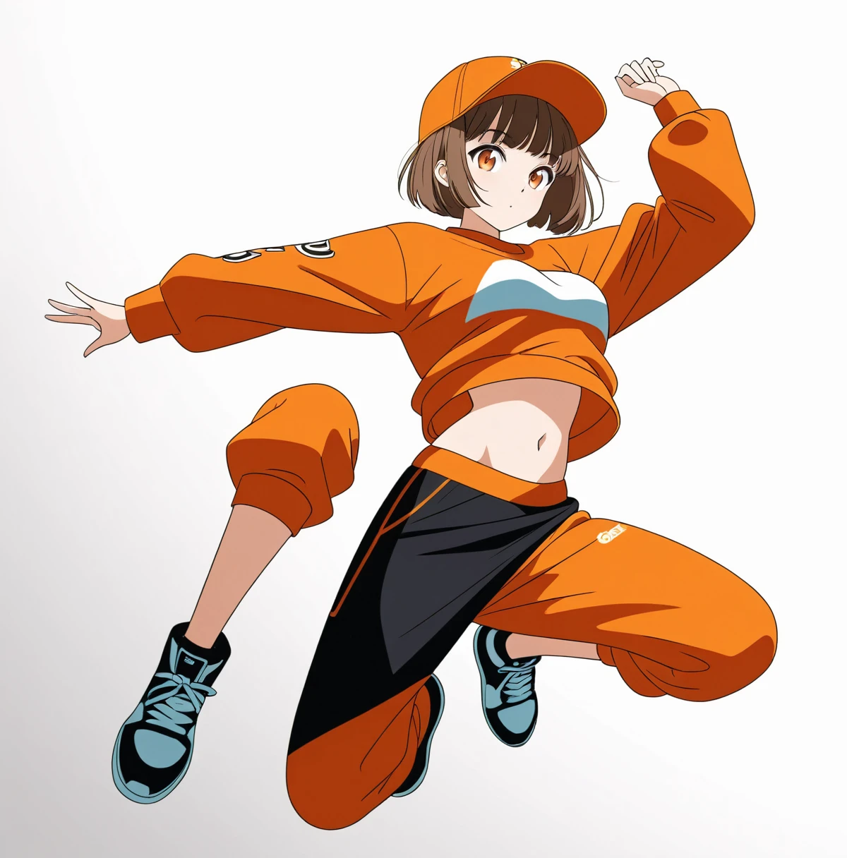 ((((White background)))), ((((Full body)))), brown Hair, short Hair, Bobcut, Anime Style, beautiful girl, Orange eyes, Hip Hop Clothes, Baseball Cap, Orange clothes, Dynamic Angle, 4K, 8K, Cool look, Jump, belly button,