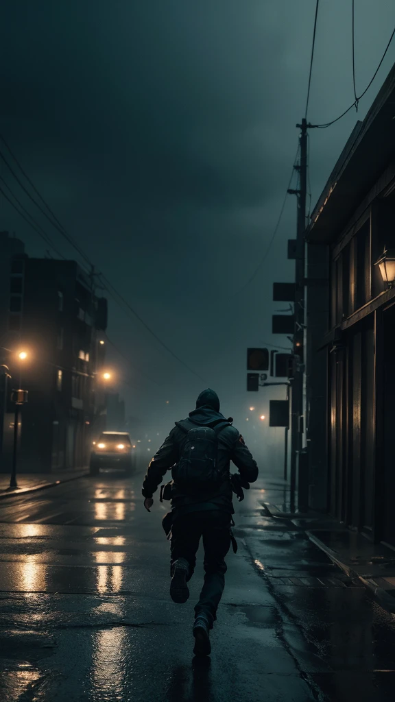 a desperate chase, first person perspective, running through dark empty streets, echoing footsteps, the sack man slowly approaching, sense of dread and urgency, cinematic lighting, moody atmosphere, high contrast, gritty urban environment, intense chase scene, dynamic camera angles, detailed textures, dramatic shadows, rain and fog, (best quality,4k,8k,highres,masterpiece:1.2),ultra-detailed,(realistic,photorealistic,photo-realistic:1.37),HDR,UHD,studio lighting,ultra-fine painting,sharp focus,physically-based rendering,extreme detail description,professional,vivid colors,bokeh,horror,cinematic