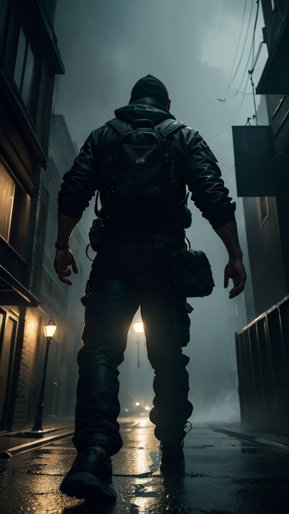 a desperate chase, first person perspective,  running through dark empty streets, echoing footsteps, the sack man slowly approaching, sense of dread and urgency, cinematic lighting, moody atmosphere, high contrast, gritty urban environment, intense chase scene, dynamic camera angles, detailed textures, dramatic shadows, rain and fog, (best quality,4k,8k,highres,masterpiece:1.2),ultra-detailed,(realistic,photorealistic,photo-realistic:1.37),HDR,UHD,studio lighting,ultra-fine painting,sharp focus,physically-based rendering,extreme detail description,professional,vivid colors,bokeh,horror,cinematic