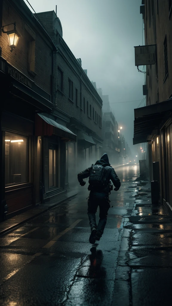 a desperate chase, first person perspective,  running through dark empty streets, echoing footsteps, the sack man slowly approaching, sense of dread and urgency, cinematic lighting, moody atmosphere, high contrast, gritty urban environment, intense chase scene, dynamic camera angles, detailed textures, dramatic shadows, rain and fog, (best quality,4k,8k,highres,masterpiece:1.2),ultra-detailed,(realistic,photorealistic,photo-realistic:1.37),HDR,UHD,studio lighting,ultra-fine painting,sharp focus,physically-based rendering,extreme detail description,professional,vivid colors,bokeh,horror,cinematic