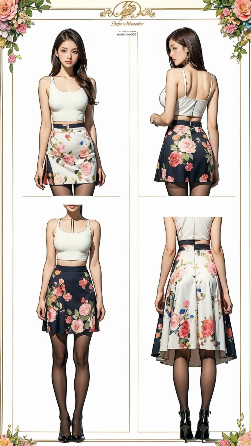 ((masterpiece)),(((Highest quality))),((Character design sheet)),Thin thighs,Long legs,whole body:1.5,(One Girl:1.3),(Black pantyhose and thick pointy heels:1.3),(Wearing a floral and plant patterned mini skirt dress:1.2),Short blonde:1.2、Model pose,Floral and botanical background:1.5,Pull up your miniskirt:1.5,Pull up your clothes to reveal your underboobs:1.5,Showing off your bra:1.5,Slender figure:1.5,