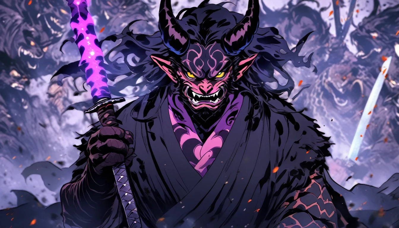 demon mask, sword on the hand,close up, black heavy detailed clothes, hand katana, art, dark and malevolent, hand sword, armor, powerful and intimidating, (masterpiece, best quality, ultra-detailed, best shadow), (detailed background, dark fantasy) dramatic light, intricate details, dark and malevolent, powerful and intimidating, Dark and foreboding, malevolent force, sinister and chilling, armor, high detailed background, girl in demon slayer art, demon slayer art style, epic anime art, God death