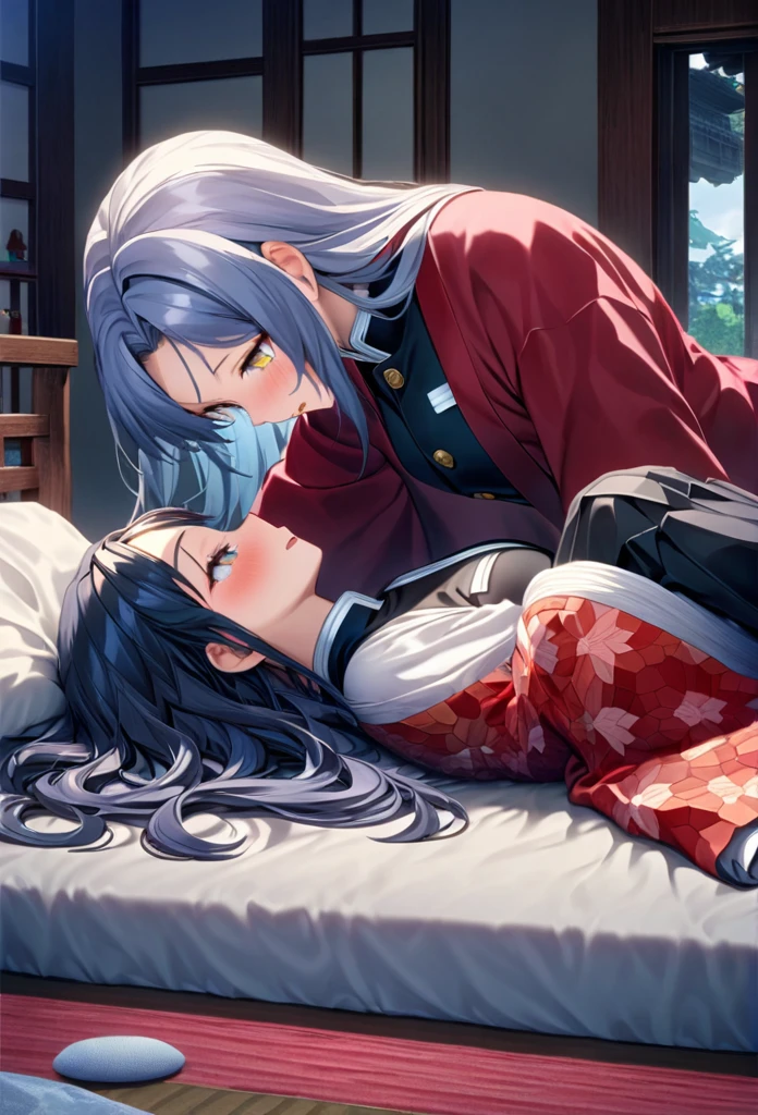 Ultra detailed, highres, absurdres, HDR, master piece, anime girl, pretty woman with white long hair with deep red streaks, girl with yellow eyes, the girl is using a red haori, black demon slayer uniform, Kimetsu No Yaiba, fantasy, pretty, Tomioka Giyu, Water Hashira, Tomioka huging, romantic, lying in bed, inside a japonese house, best quality, extremely detailed face, love, passion, romance, anime, they are really in love, love tension