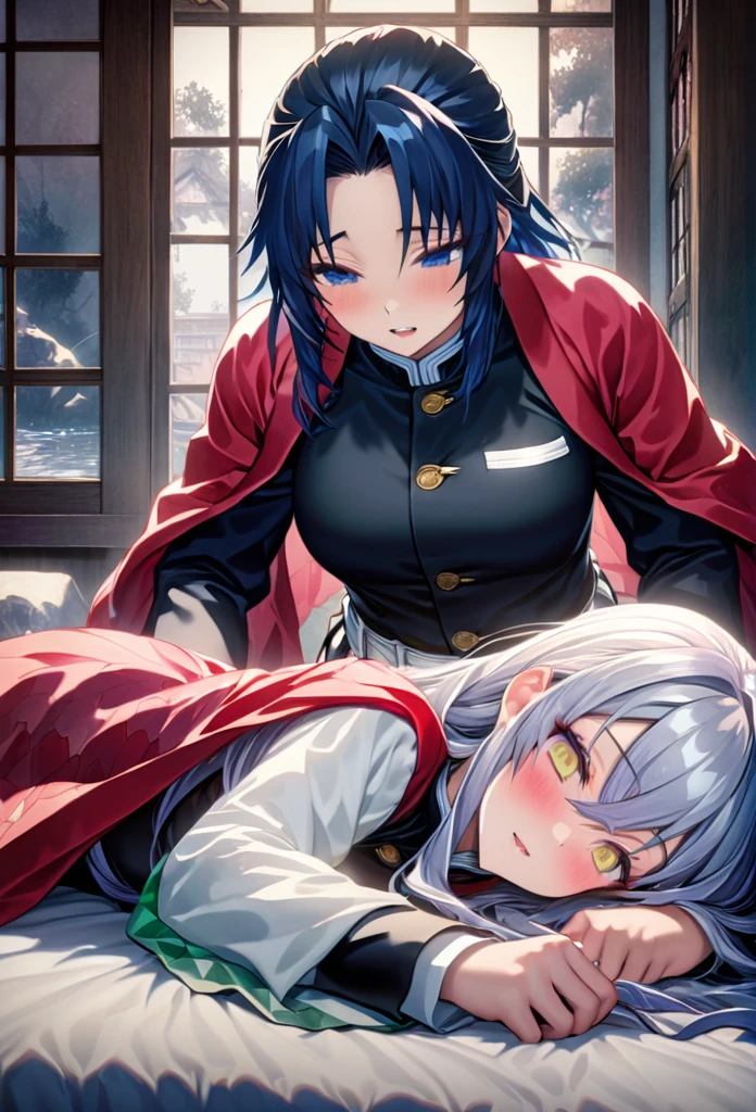 Ultra detailed, highres, absurdres, HDR, master piece, anime girl, pretty woman with white long hair with deep red streaks, girl with yellow eyes, the girl is using a red haori, black demon slayer uniform, Kimetsu No Yaiba, fantasy, pretty, Tomioka Giyu, Water Hashira, Tomioka huging, romantic, lying in bed, inside a japonese house, best quality, extremely detailed face, love, passion, romance, anime, they are really in love, love tension