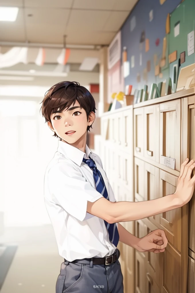 young Thai man with brown hair and brown eyes, look if no one is watching, he is escaping from school