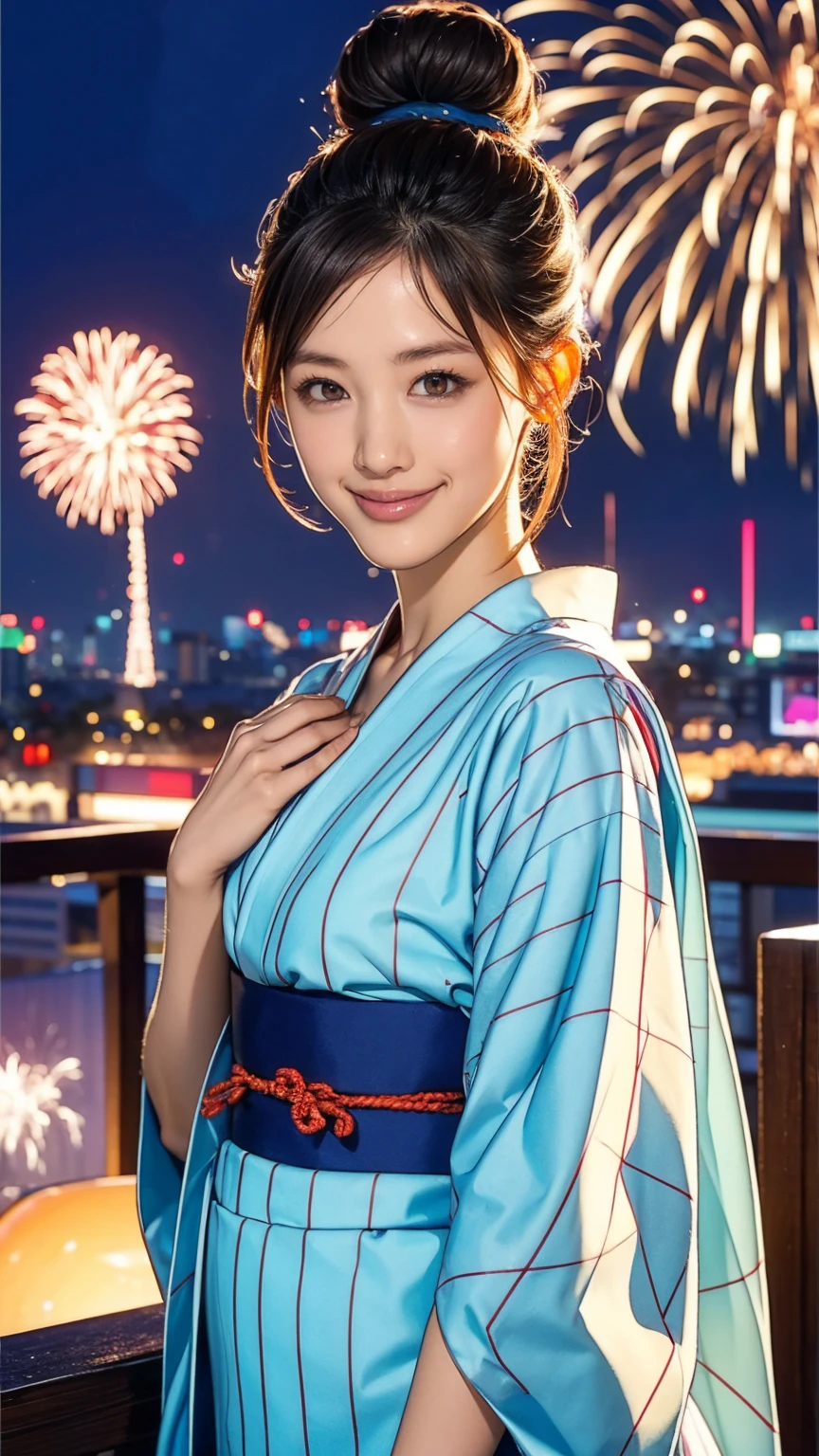 ((masterpiece)),(((Highest quality))),((Character design sheet)),A Japanese yukata with a flashy pattern:1.5,Stylish sandals:1.5,The best smile:1.5,Upper Body Shot:1.5,Night fireworks background:1.5,Flashy makeup with red eyeshadow:1.5,Bun Hair:1.5,