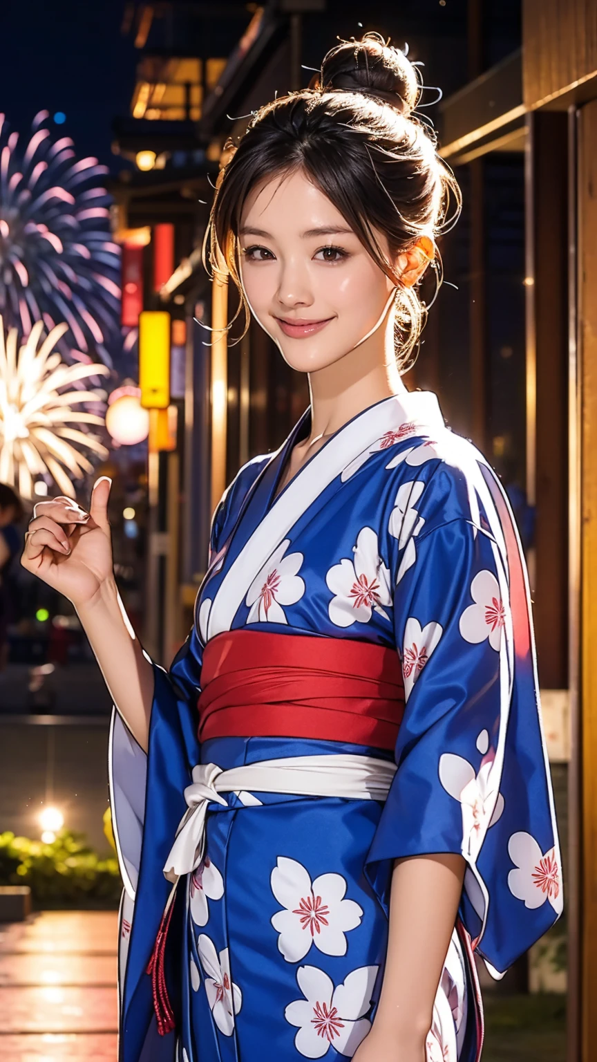 ((masterpiece)),(((Highest quality))),((Character design sheet)),A Japanese yukata with a flashy pattern:1.5,Stylish sandals:1.5,The best smile:1.5,Upper Body Shot:1.5,Night fireworks background:1.5,Flashy makeup with red eyeshadow:1.5,Bun Hair:1.5,