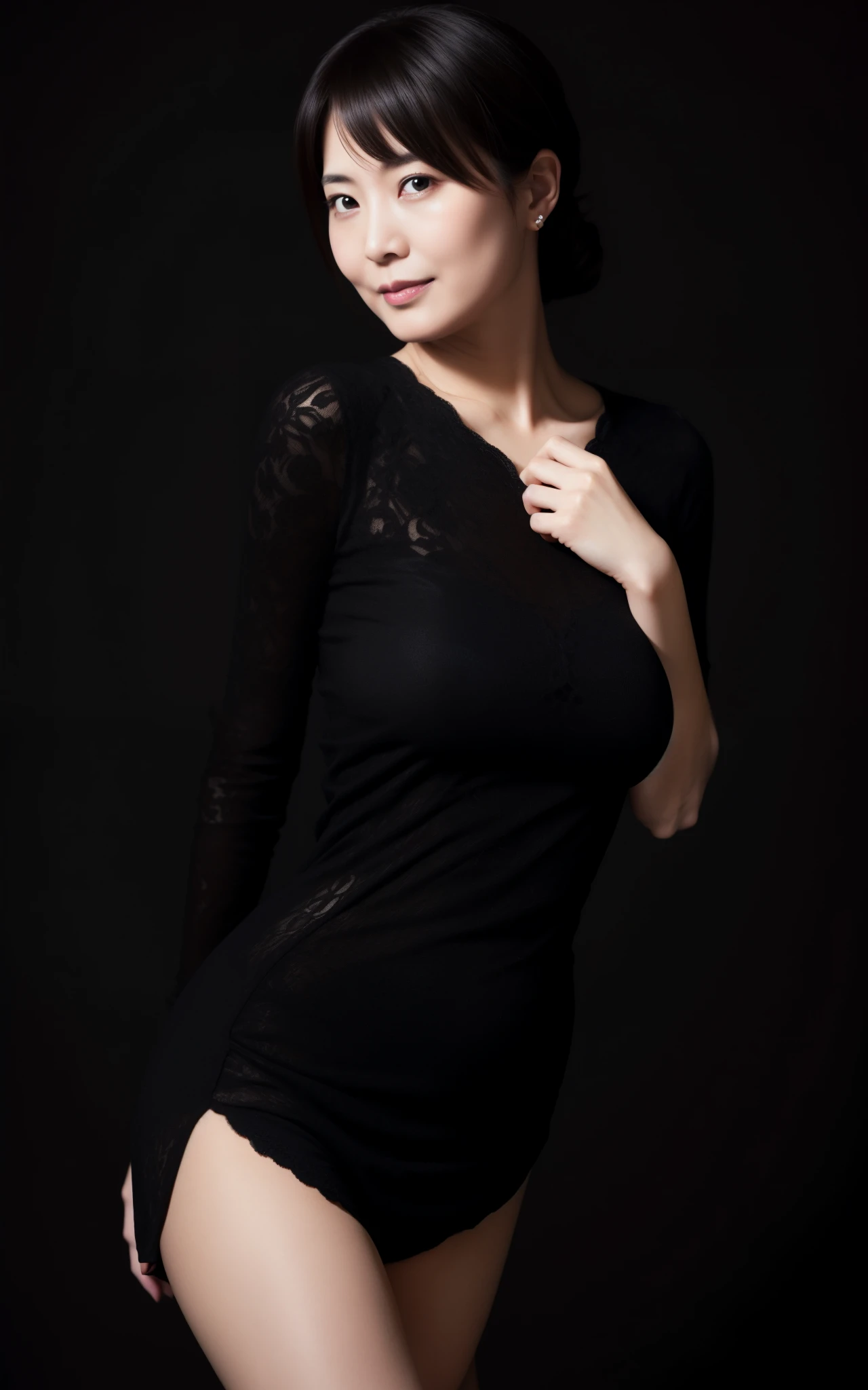 Masterpiece, Best Quality,Top, (beautiful lady:1), Mature Woman, Emphasized, ((Huge:1.4))), lewd, black background,