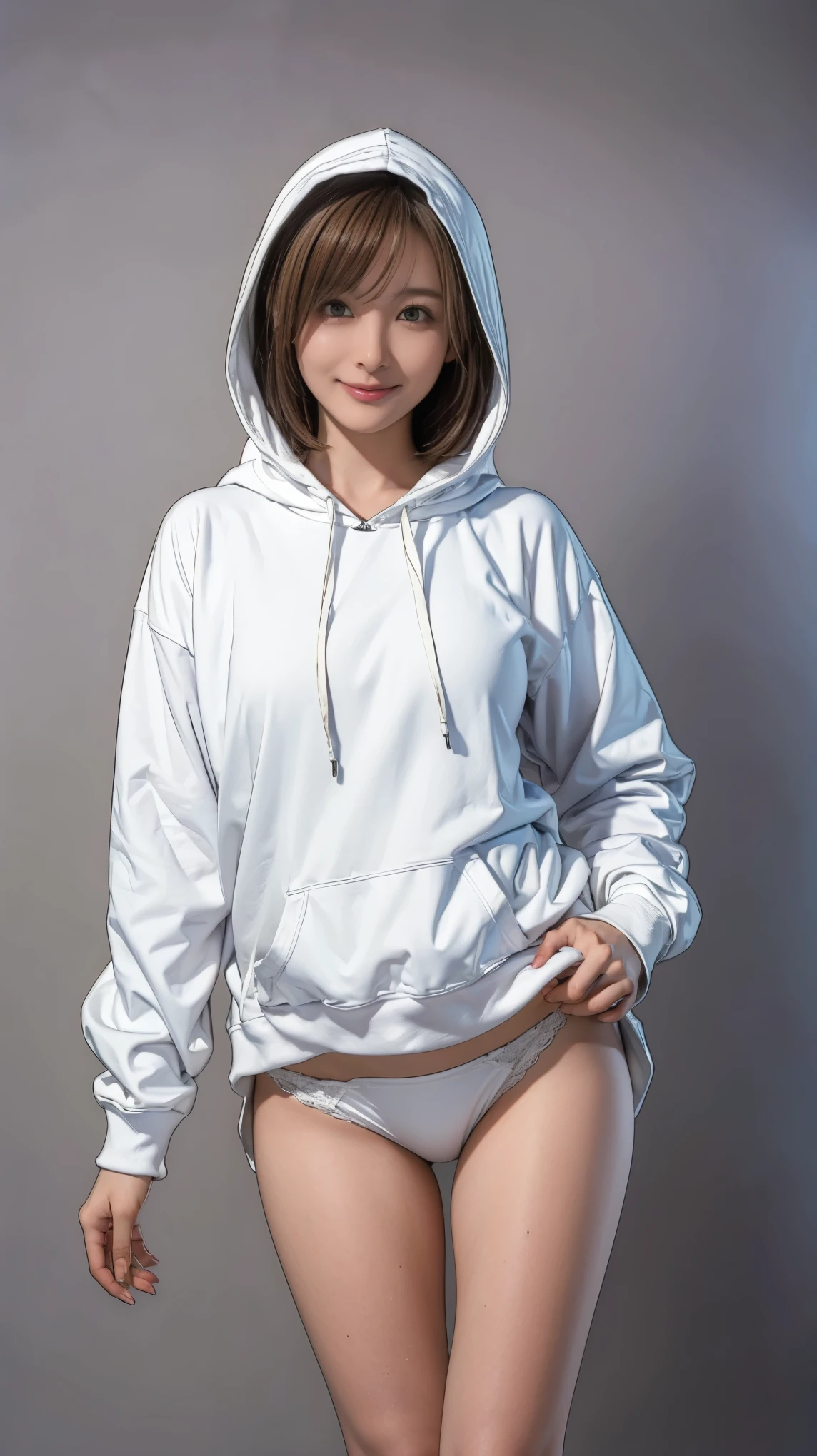 ((masterpiece)),(((Highest quality))),((Character design sheet)), Thin thighs,Long legs,18 year old Japanese girl, Cute type,The best smile:1.5,white long hoodie:1.5, Black panties in full view 1.5,Very short hair , (Highly detailed skin), The background is gray,Tuck up your clothes:1.5,Wearing a hood:1.5,
