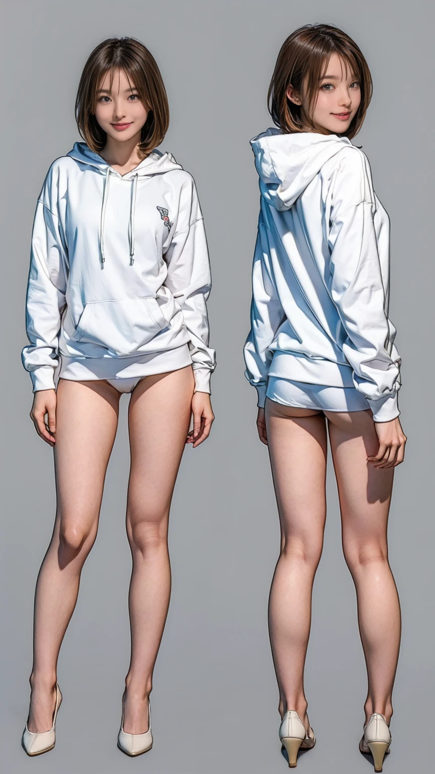 ((masterpiece)),(((Highest quality))),((Character design sheet)), Thin thighs,Long legs,18 year old Japanese girl, Cute type,The best smile:1.5，white long hoodie:1.5, Black panties in full view 1.5，Very short hair ,  (Highly detailed skin), The background is gray，Tuck up your clothes:1.5，Wearing a hood:1.5，