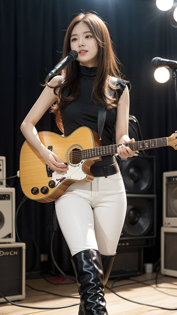 Taiwanese womenhave four arm and six hand，Female Model，Slim，Good shape，HD，high waist hot pants, Knee-high boots，playing guitar