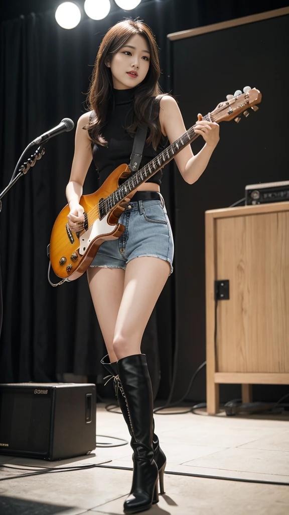Taiwanese womenhave four arm and six hand,Female Model,Slim,Good shape,HD,high waist hot pants, Knee-high boots,playing guitar