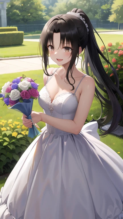masterpiece, best quality, highres, 1girl, solo, long hair, black hair, ponytail, parted bangs, brown eyes, wedding dress, smile, open mouth, tears, holding bouquet, garden, confetti, standing, cowboy shot,