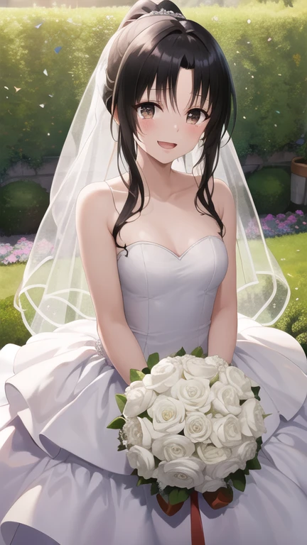 masterpiece, best quality, highres, 1girl, solo, long hair, black hair, ponytail, parted bangs, brown eyes, wedding dress, smile, open mouth, tears, holding bouquet, garden, confetti, standing, cowboy shot,