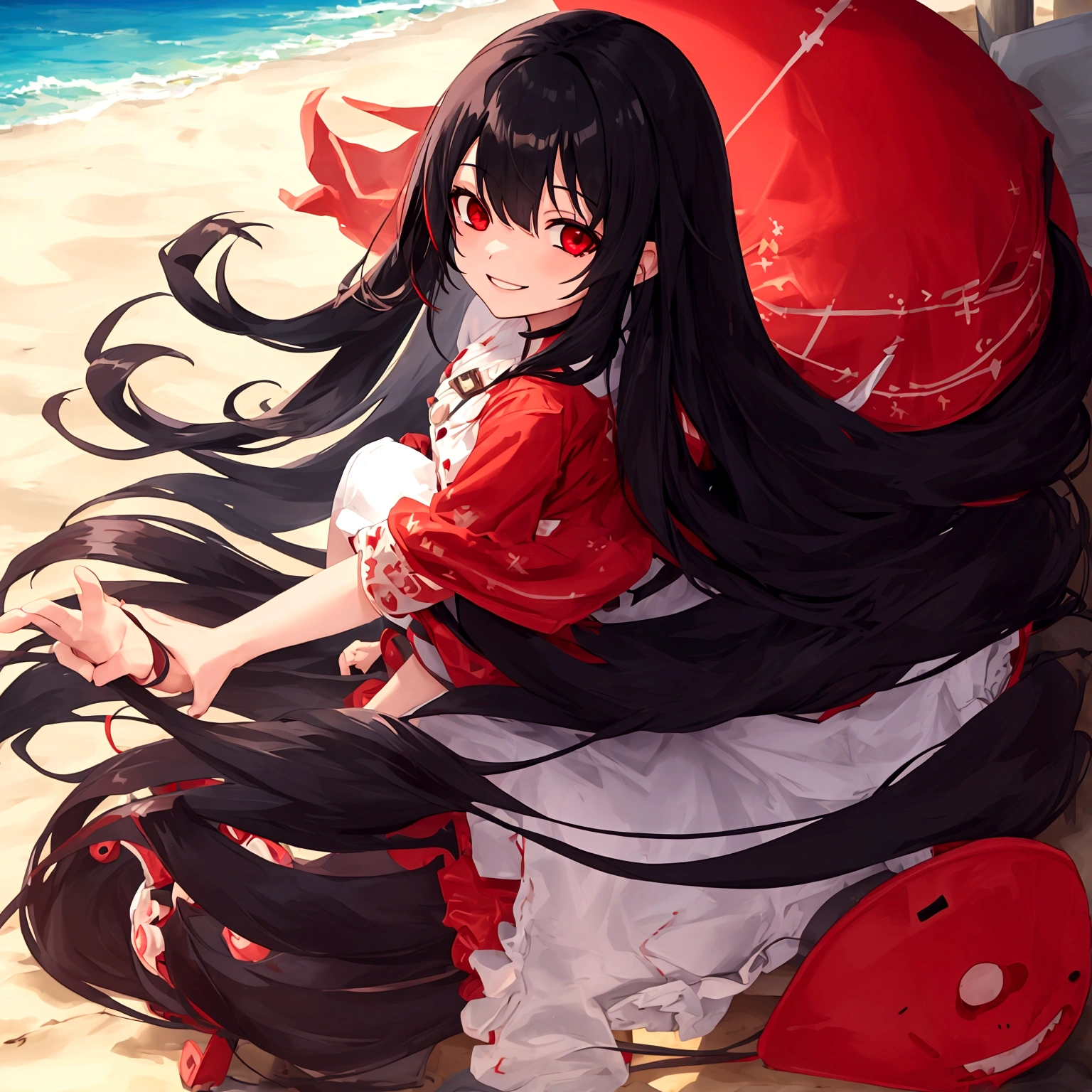girl, long hair,black hair, red eyes, smiling at beach.