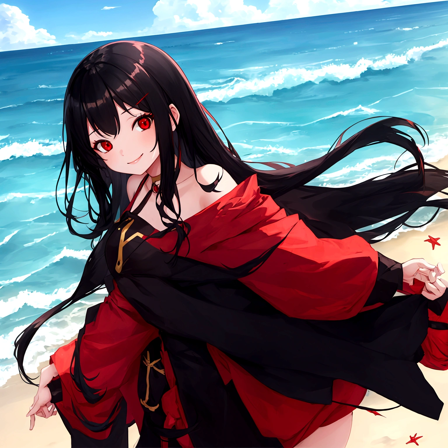 girl, long hair,black hair, red eyes, smiling at beach.