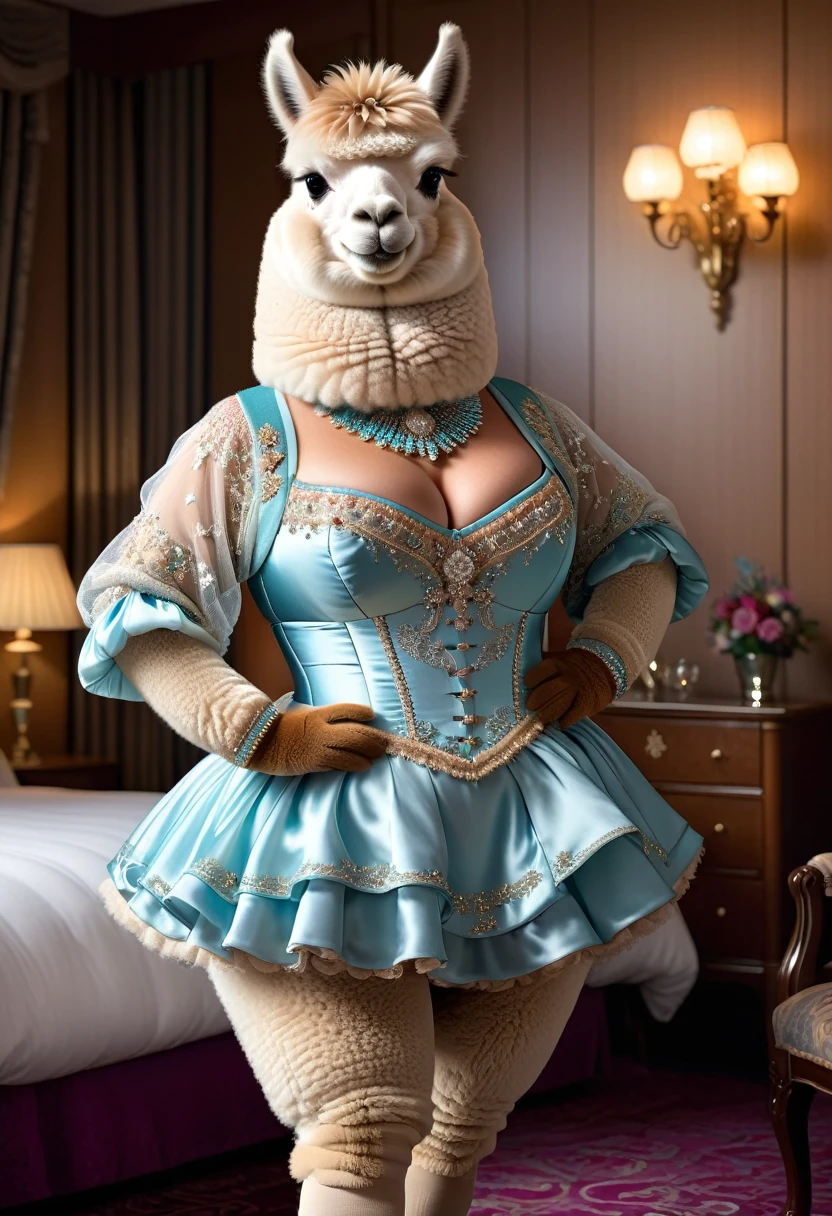 photorealistic portrait of Dressed animals-a (fat) ((alpaca)) dancer,(furry), (elegant pose:1.5), (hands on hips:1.5),(smile:1.5),high quality,(happy),(lovely) ,intricate details, Wearing bustier, (), highly detailed ((bustier)) ,highly detailed decorations of clothes, Fishnet panty horse , (happy), soft lighting,(full body image:2.0),luxury hotel room background,(high heels),