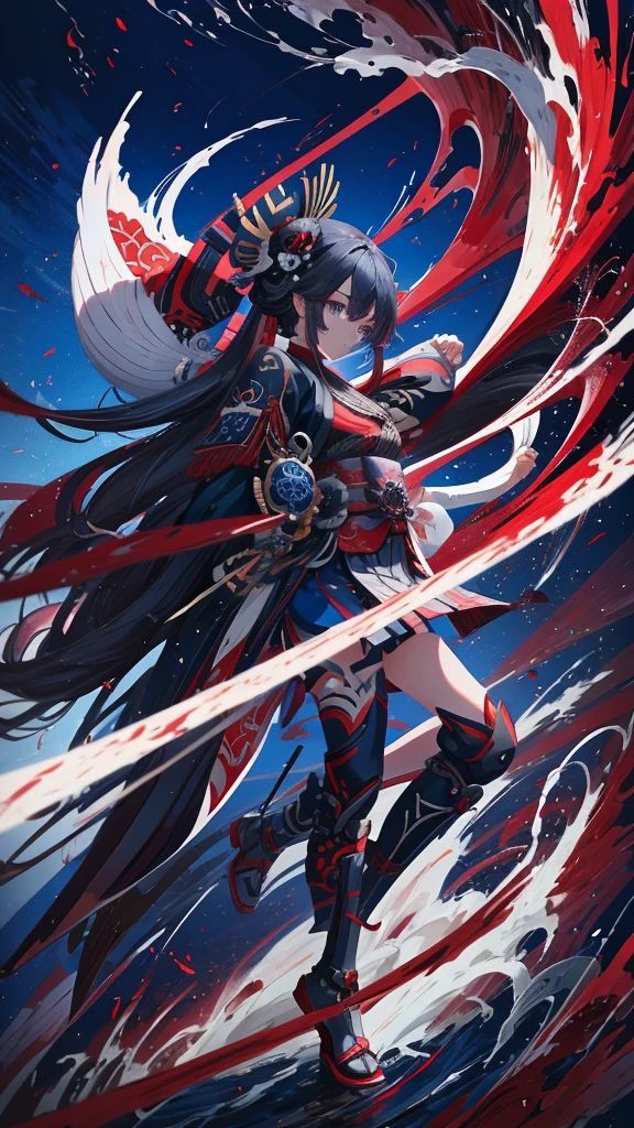 Anime girl with long hair and blue eyes in red and black clothes, From the Sengoku period, onmyoji portrait, by Shimo, female Anime characters, By Ren, Anime characters, Wearing old samurai clothes, detailed Anime characters art, by Li Zai, Kantai Collection Style, Full body martial arts, Sengoku period art style
