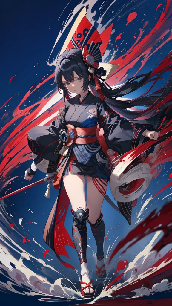Anime girl with long hair and blue eyes in red and black clothes, From the Sengoku period, onmyoji portrait, by Shimo, female Anime characters, By Ren, Anime characters, Wearing old samurai clothes, detailed Anime characters art, by Li Zai, Kantai Collection Style, Full body martial arts, Sengoku period art style