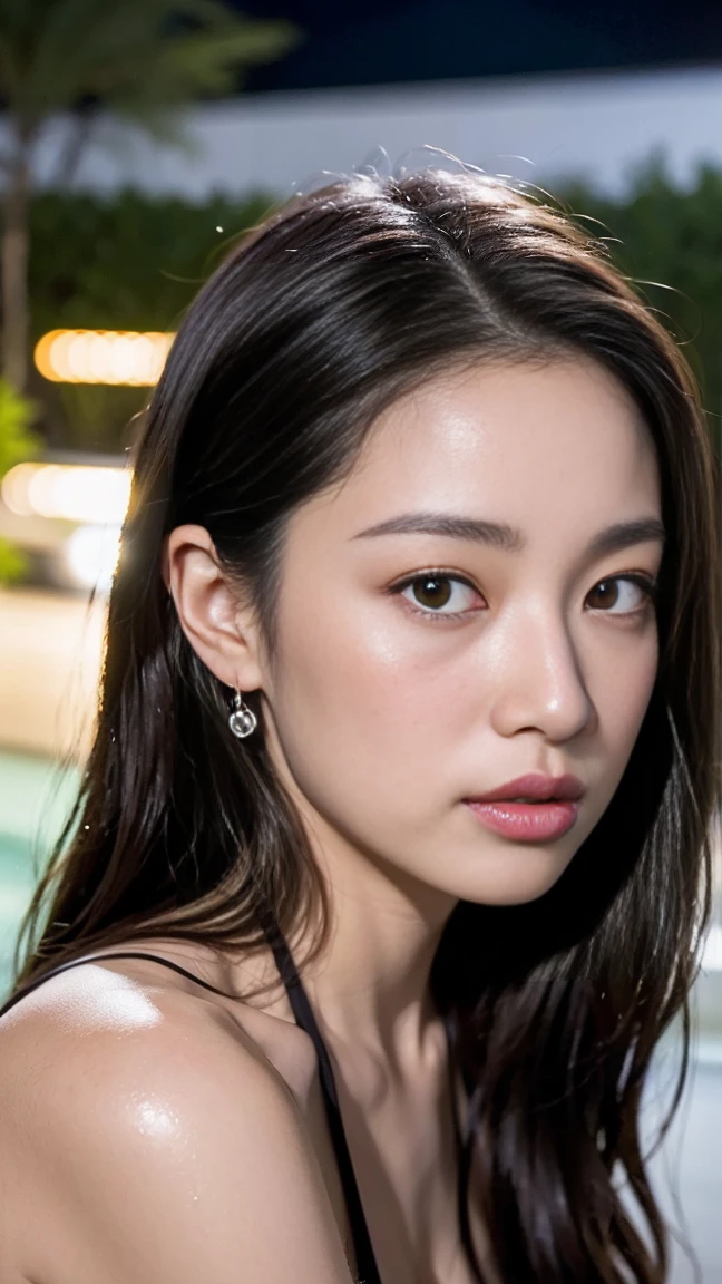 Dark brown hair、Light brown eyes、Japanese actress、 Lady、1 female、I am about 40 years old...、(Intricate details:1.2)、(Which is the top?????:1.4)、 (Ultra-high resolution:1.2)、Ultra-high resolution、(Finely tuned)、(Detailed facial features)、Hmph、8K resolution、D cup size breasts、Long Hair、Jacuzzi on the terrace、Enter the jacuzzi、Wet Skin、Soaking wet hair、Wet shoulders、Wet bust、moonlight、リゾート感たっぷりのNight view写真、Head to toe shot、Blackpink Jenny、Beautiful feet、she, Fashion Hub, Very detailed, Very detailed, Realistic, Hourglass Shaped Body, Obscene pose、Please lift your chin a little、Open your mouth a little、Relax Pose、Are crying、Deep sorrow、、Get out of the water、I see you the moment I step out of the jacuzzi、Round Jacuzzi、Get out of the water体、Night view、