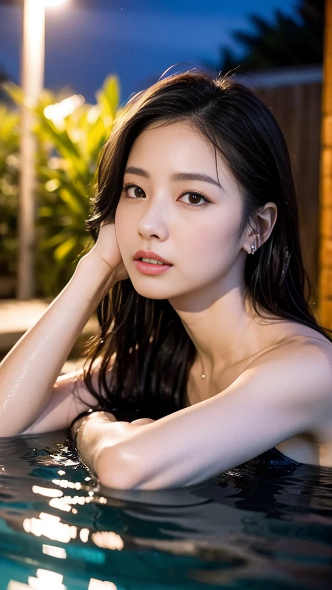 Dark brown hair、Light brown eyes、Japanese actress、 Lady、1 female、I am about 40 years old...、(Intricate details:1.2)、(Which is the top?????:1.4)、 (Ultra-high resolution:1.2)、Ultra-high resolution、(Finely tuned)、(Detailed facial features)、Hmph、8K resolution、D cup size breasts、Long Hair、Jacuzzi on the terrace、Enter the jacuzzi、Wet Skin、Soaking wet hair、Wet shoulders、Wet bust、moonlight、リゾート感たっぷりのNight view写真、Head to toe shot、Blackpink Jenny、Beautiful feet、she, Fashion Hub, Very detailed, Very detailed, Realistic, Hourglass Shaped Body, Obscene pose、Please lift your chin a little、Open your mouth a little、Relax Pose、Are crying、Deep sorrow、、Get out of the water、I see you the moment I step out of the jacuzzi、Round Jacuzzi、Get out of the water体、Night view、