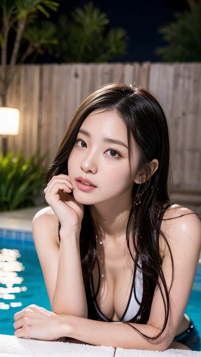Dark brown hair、Light brown eyes、Japanese actress、 Lady、1 female、I am about 40 years old...、(Intricate details:1.2)、(Which is the top?????:1.4)、 (Ultra-high resolution:1.2)、Ultra-high resolution、(Finely tuned)、(Detailed facial features)、Hmph、8K resolution、D cup size breasts、Long Hair、Jacuzzi on the terrace、Enter the jacuzzi、Wet Skin、Soaking wet hair、Wet shoulders、Wet bust、moonlight、リゾート感たっぷりのNight view写真、Head to toe shot、Blackpink Jenny、Beautiful feet、she, Fashion Hub, Very detailed, Very detailed, Realistic, Hourglass Shaped Body, Obscene pose、Please lift your chin a little、Open your mouth a little、Relax Pose、Are crying、Deep sorrow、、Get out of the water、I see you the moment I step out of the jacuzzi、Round Jacuzzi、Get out of the water体、Night view、