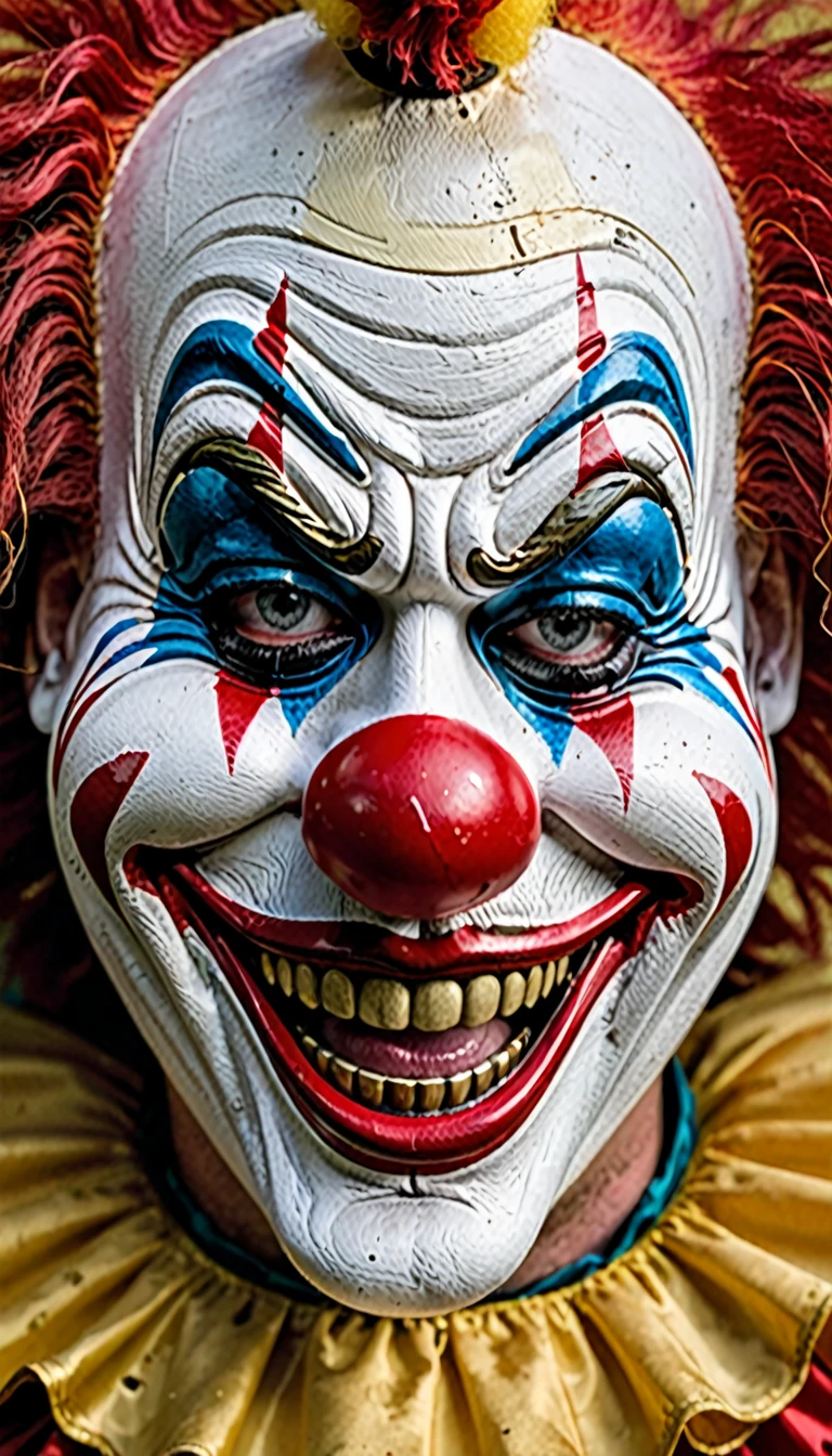 A clown mask laughing and crying frighteningly