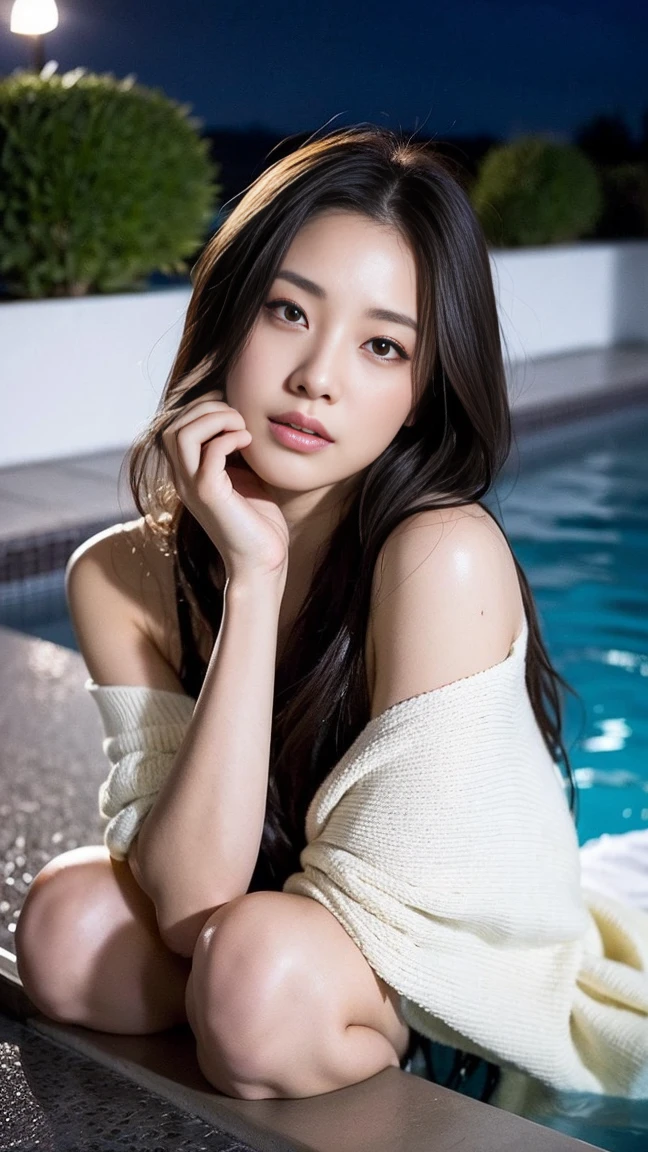 Dark brown hair、Light brown eyes、Japanese actress、 Lady、1 female、I am about 40 years old...、(Intricate details:1.2)、(Which is the top?????:1.4)、 (Ultra-high resolution:1.2)、Ultra-high resolution、(Finely tuned)、(Detailed facial features)、Hmph、8K resolution、D cup size 、Long Hair、Jacuzzi on the terrace、Enter the jacuzzi、Wet Skin、Soaking wet hair、Wet shoulders、Wet bust、moonlight、リゾート感たっぷりのNight view写真、Head to toe shot、Blackpink Jenny、Beautiful feet、she, Fashion Hub, Very detailed, Very detailed, Realistic, Hourglass Shaped Body, Obscene pose、Please lift your chin a little、Open your mouth a little、Relax Pose、Are crying、Deep sorrow、、Get out of the water、I see you the moment I step out of the jacuzzi、Round Jacuzzi、Get out of the water体、Night view、