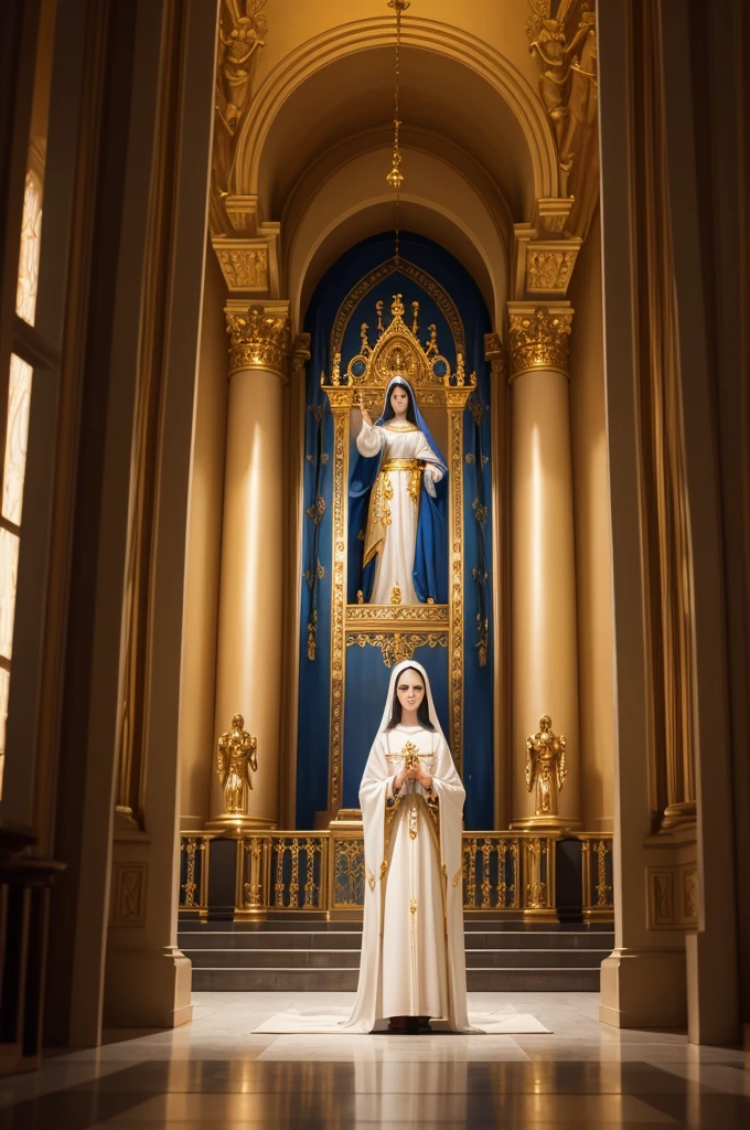 Our Lady of Grace standing in the temple, with hands spread out in front.