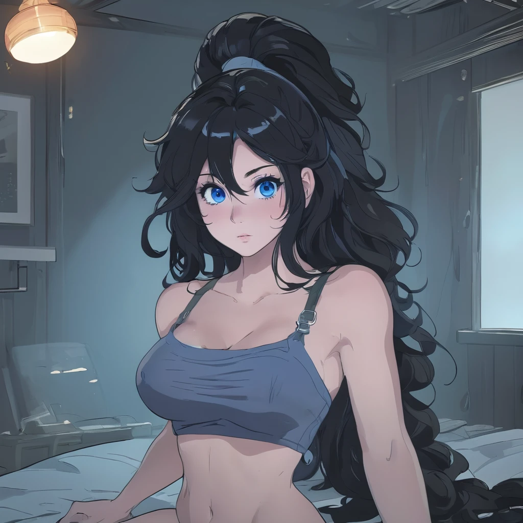 Ralph Bakshi Style, Curvy blue eyed girl with long wavy black hair and small breasts, nudity1.5, (extreme nsfw)2.5, torn tanktop, (tits out)1.5, lewd