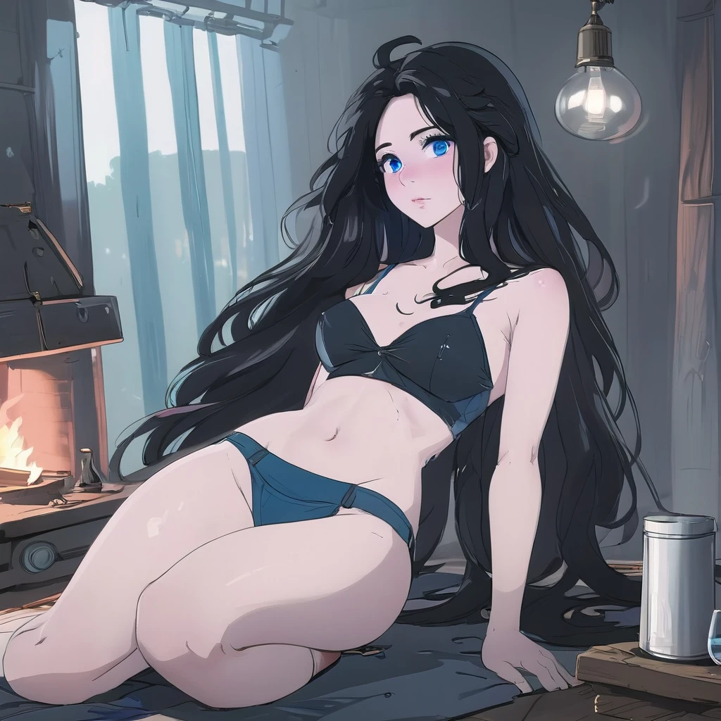 Ralph Bakshi Style, Curvy blue eyed girl with long wavy black hair and small breasts, nudity1.5, (extreme nsfw)2.5, torn tanktop, (tits out)1.5, lewd