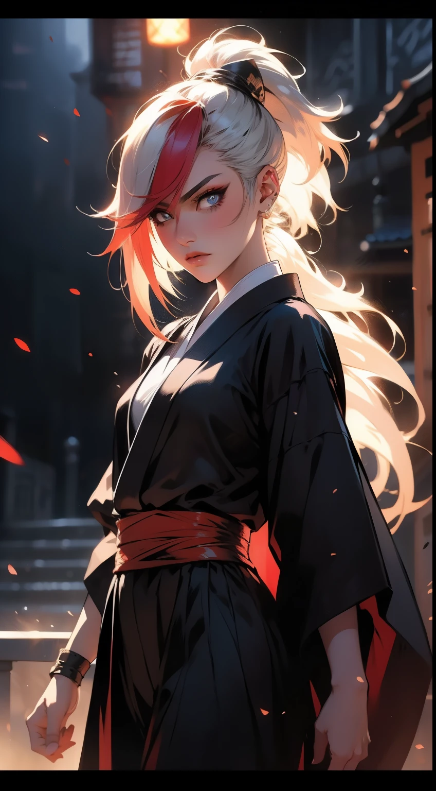 a beautiful kunoichi, highly detailed face, piercing eyes, detailed lips, long eyelashes, flowing long hair, detailed kimono, detailed sword, dark moody atmosphere, cinematic lighting, dramatic shadows, vibrant colors, intricate background details, fullbody shot, cowboy shot