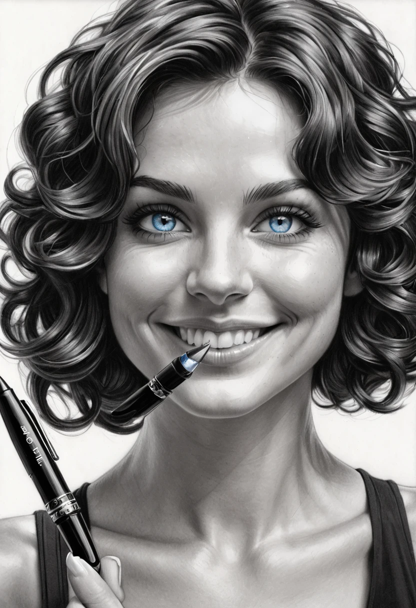 zoom portrait, fountain pen draauing of a Brunette auoman auith a gentle smile, short, slightly curly hair, auell-defined eyeBroaus, Beautiful [:light Blue:15] eyeballs, intricate lines, highy detailed, B&au, monochrome, black andwhite, graffit, pencil painting, coal, (hight contrast:1.1), auhite Background