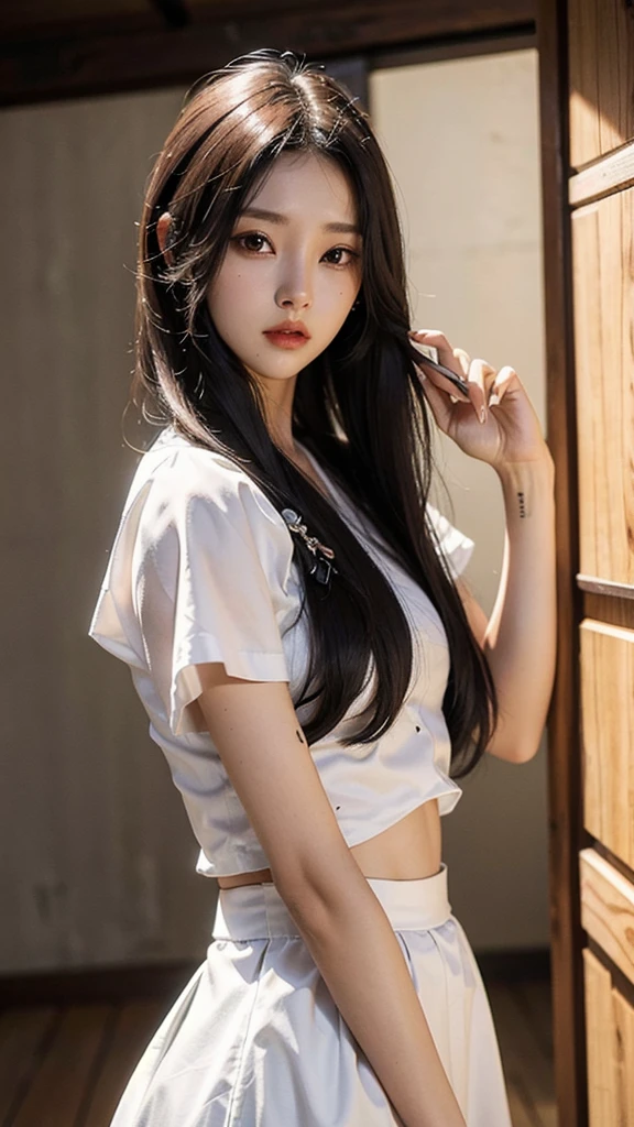 Beutiful woman corean
- **Hair:** Black, straight, and short.
- **Eyes:** Almond-shaped, dark brown.
- **Visual Style:** Charismatic, with an intense expression suitable for rap.