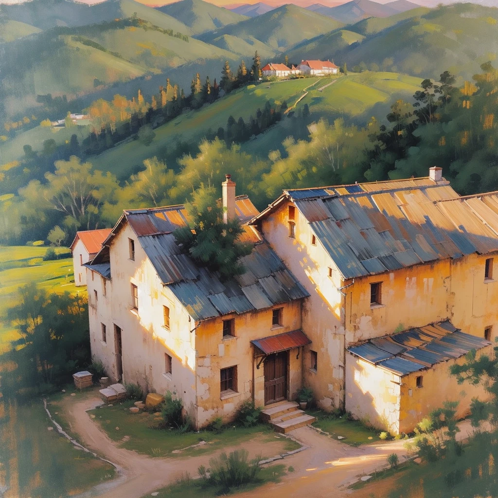Mountain landscape impression | vintage oil painting, (OLD HOUSE ) AERIAL VIEW OF MINAS GERAIS - SUNSET