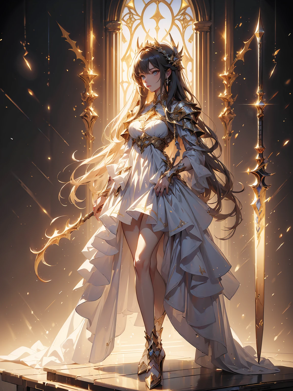 (((masterpiece, highest quality, high detailed, 8k))) Design a layout showcase Gaming character, (1girl). Golden+Purle clothes, stylish and unique, ((showcase weapon:1.4)), magic staff, (masterpiece:1.2), (best quality), 4k, ultra-detailed, (Step by step design, layout art:1.5), (luminous lighting, atmospheric lighting), magican, ((glove full hands)), (((revealing clothes:1.3))), vambraces, armored legwear, (((full_body_shot:1.4)))